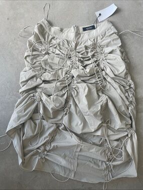 AKIRA Light Beige Asymmetrical Ruched Drawstring Skirt